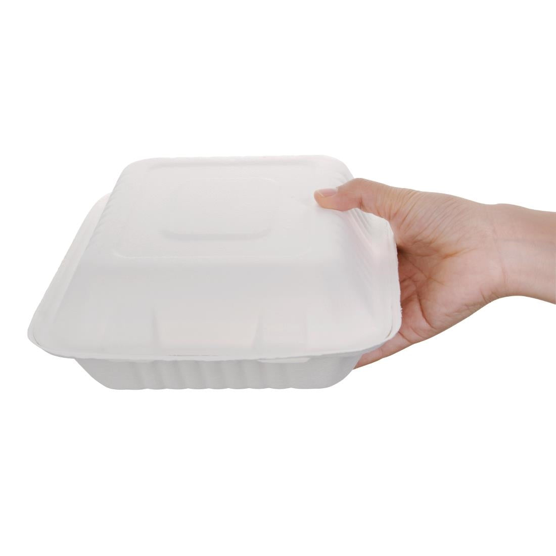 Fiesta Compostable Bagasse Hinged 3-Compartment Food Containers 201mm (Pack of 200) - FC526