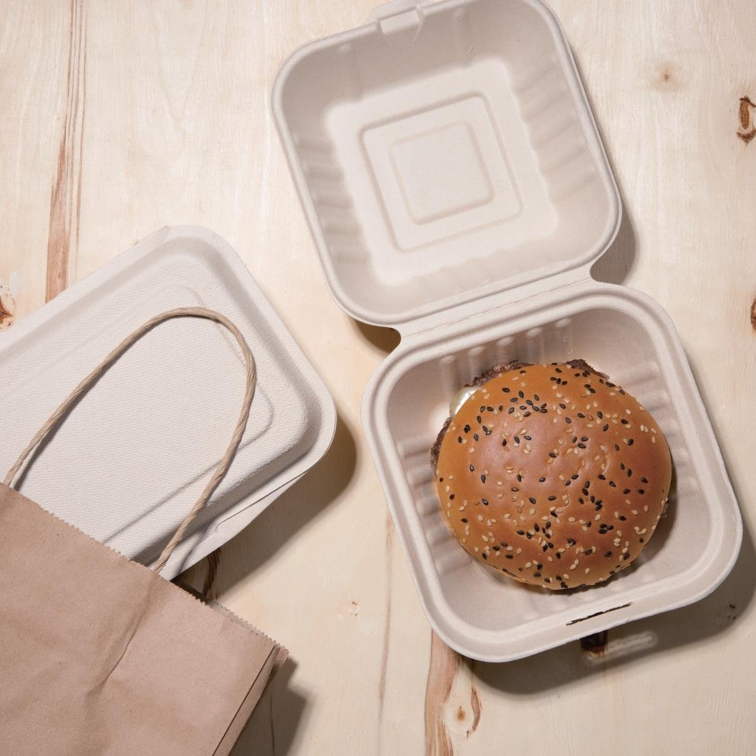 Fiesta Compostable Bagasse Burger Boxes Natural Colour 152mm (Pack of 500) - FC542