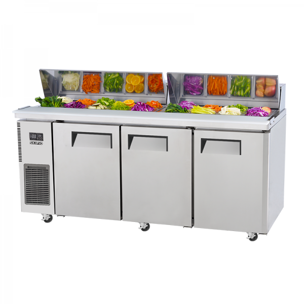 Skipio 702 Three Door Salad Prep Fridge with Hood Lid SHR18-3