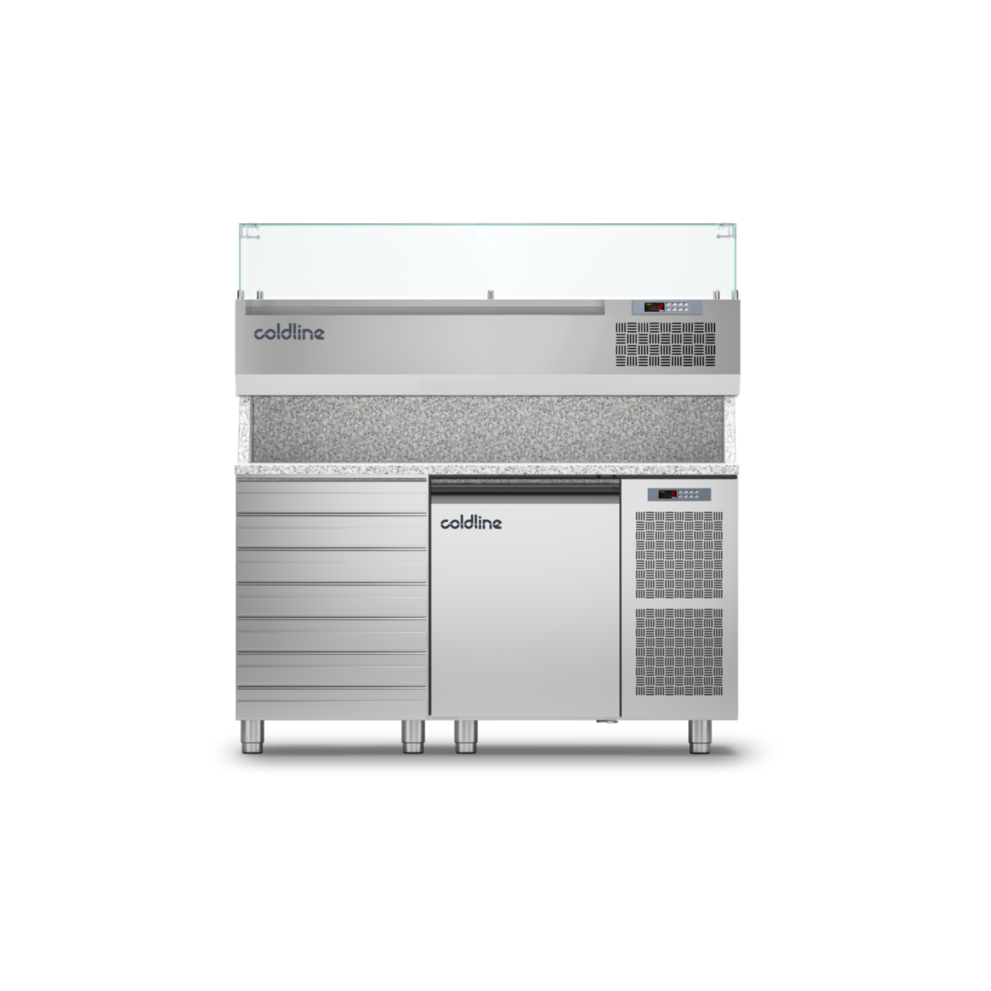 Coldline 1 Door + Drawers Pizza Preparation Counter with Granite Worktop and Display Case - TZ09/1MC VP