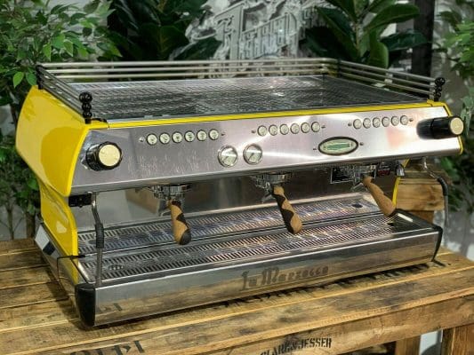 La Marzocco FB80 Yellow w Handles - 3 Group Commercial Espresso Machine - Timber