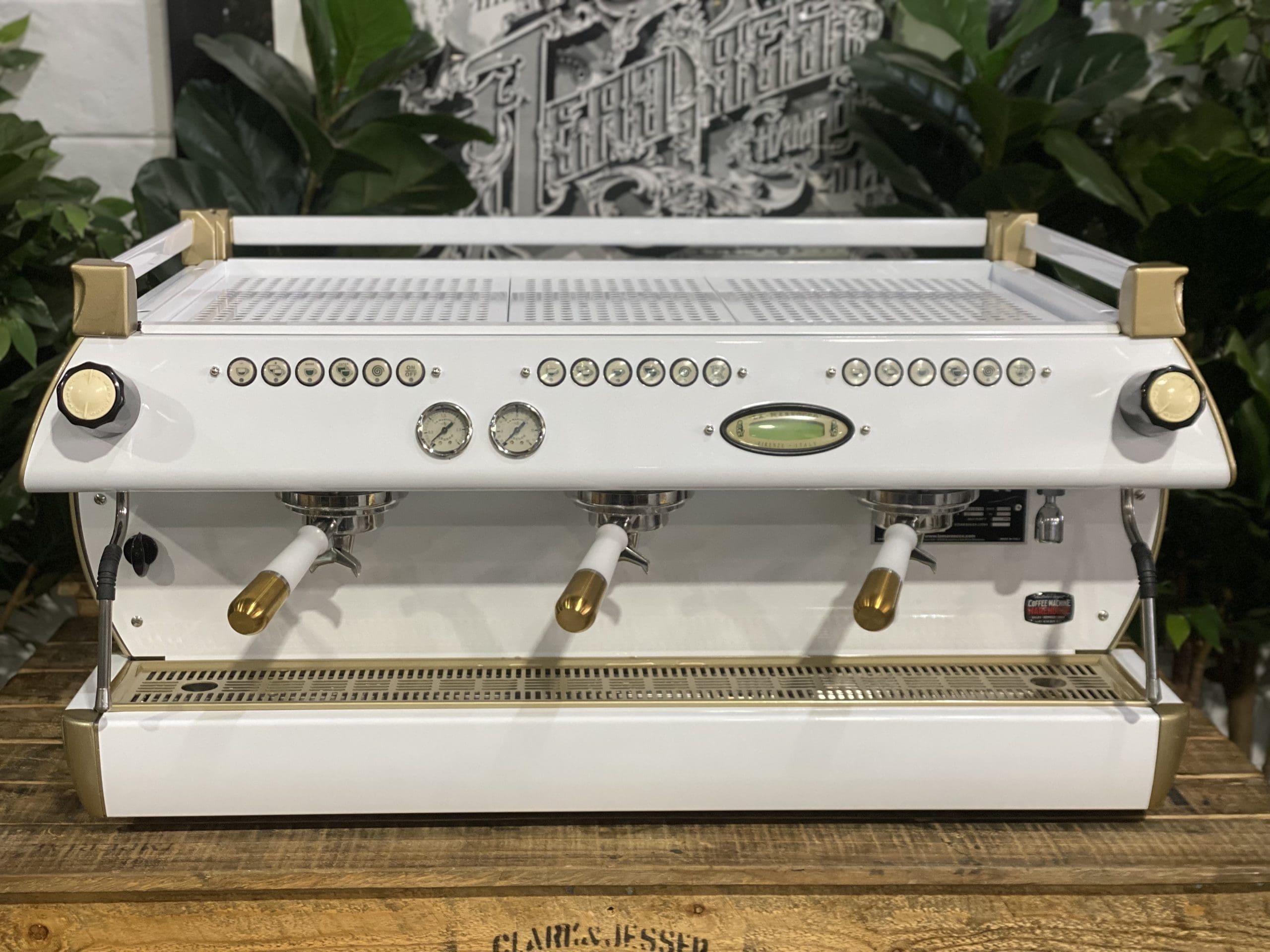 La Marzocco GB5 White & W. Pesado Group Handles - 3 Group Commercial Espresso Machine - Gold