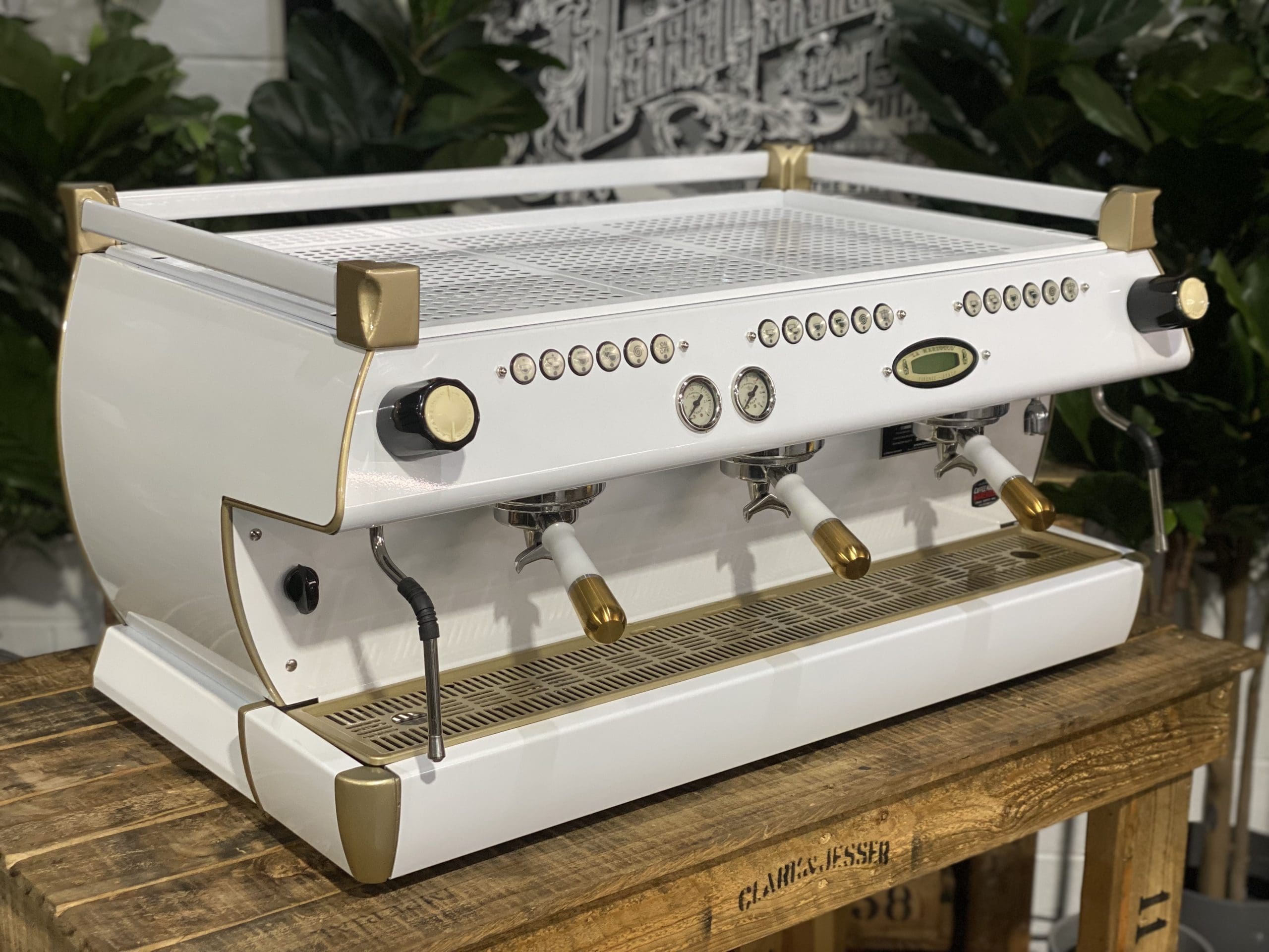 La Marzocco GB5 White & W. Pesado Group Handles - 3 Group Commercial Espresso Machine - Gold