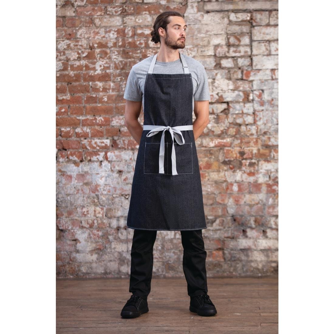 Southside Bib Apron Denim Black with Grey Ties - B981