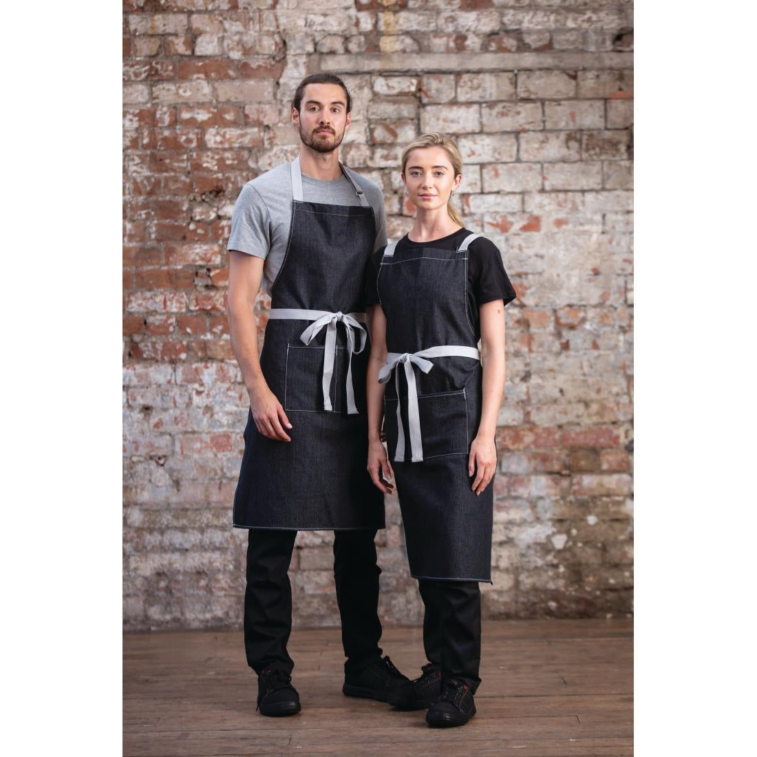 Southside X-Cross Back Bib Apron Denim Black with Grey Ties - BB057
