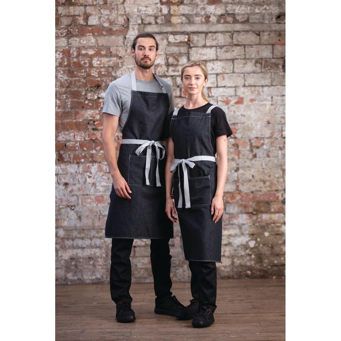 Southside Bib Apron Denim Black with Grey Ties - B981