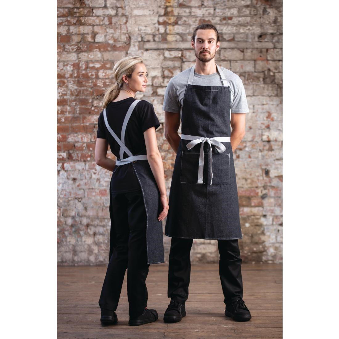 Southside X-Cross Back Bib Apron Denim Black with Grey Ties - BB057
