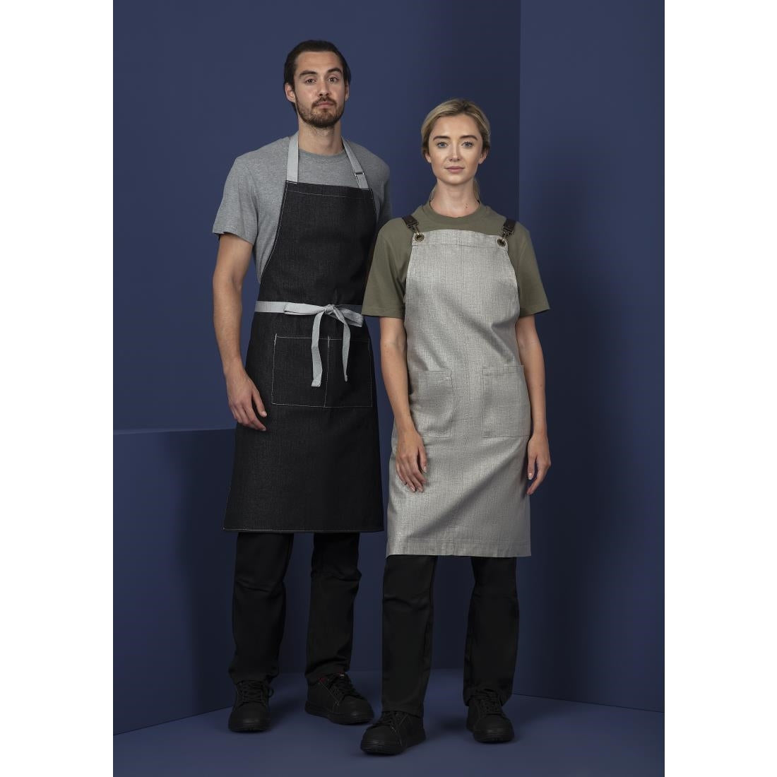Southside Bib Apron Denim Black with Grey Ties - B981