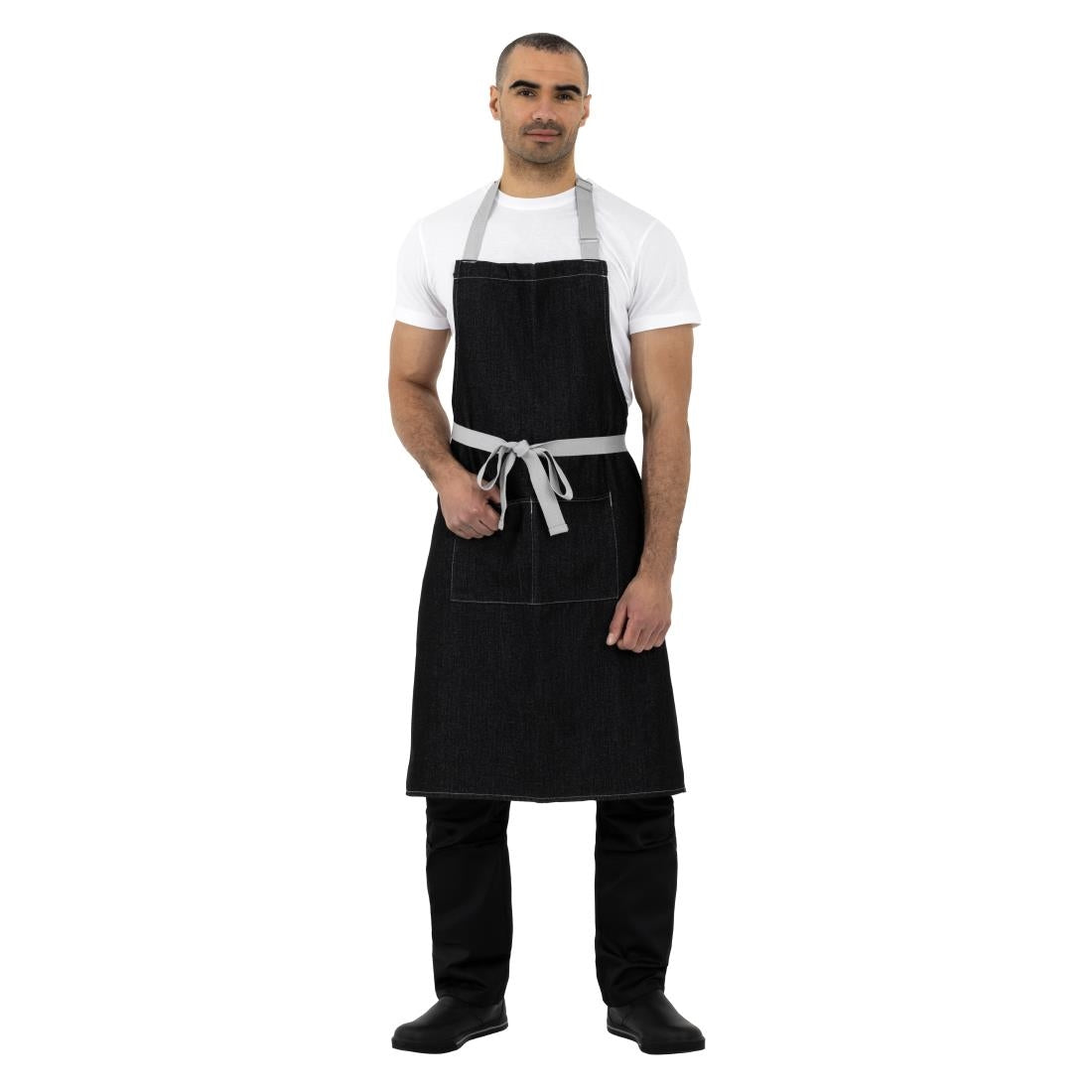 Southside Bib Apron Denim Black with Grey Ties - B981