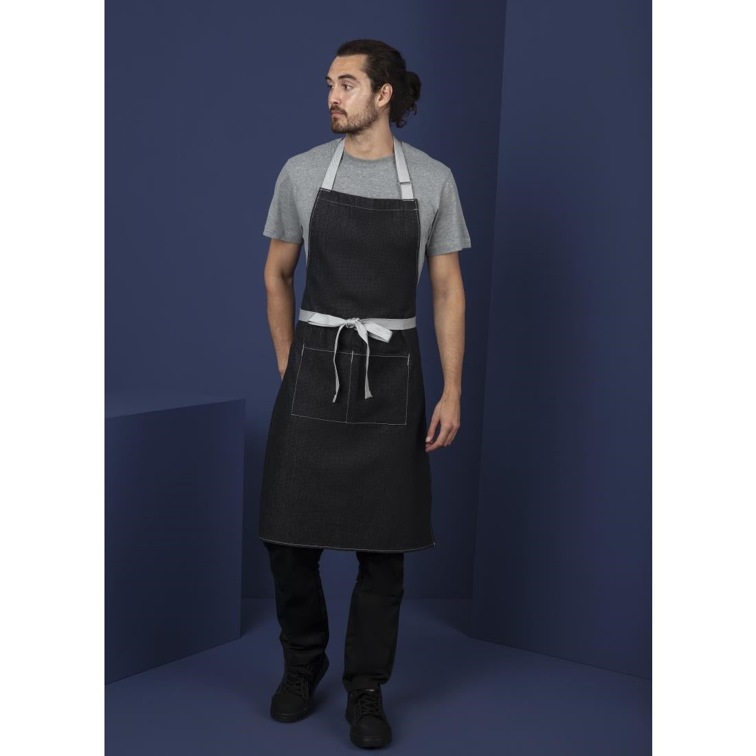 Southside Bib Apron Denim Black with Grey Ties - B981