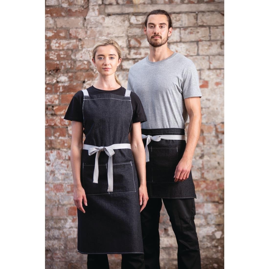 Southside X-Cross Back Bib Apron Denim Black with Grey Ties - BB057