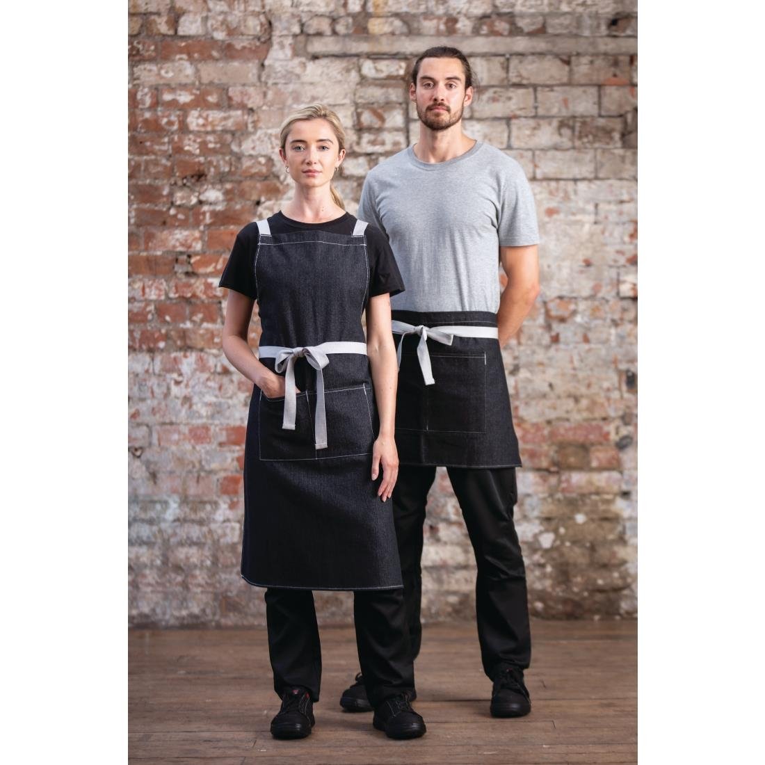 Southside X-Cross Back Bib Apron Denim Black with Grey Ties - BB057