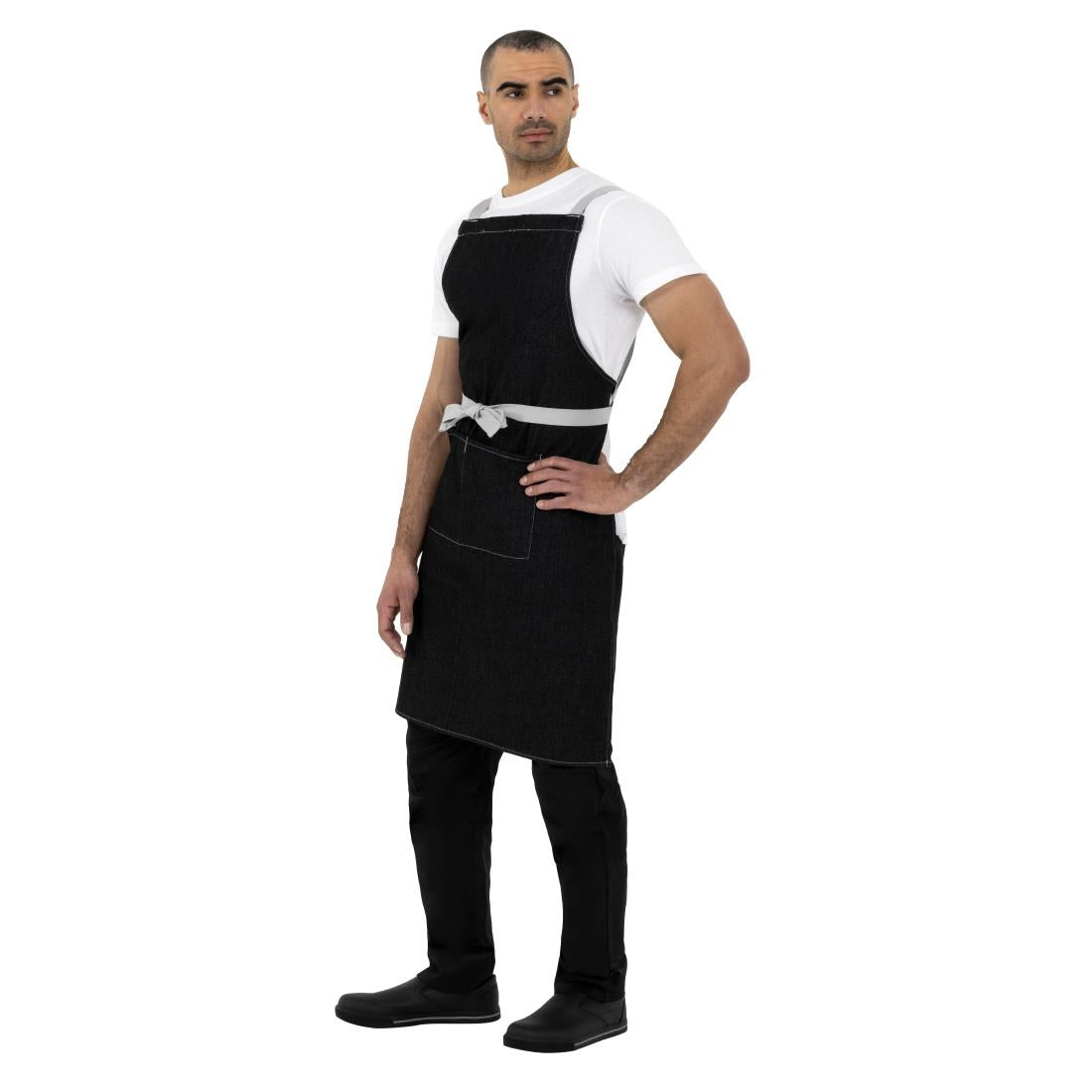 Southside X-Cross Back Bib Apron Denim Black with Grey Ties - BB057