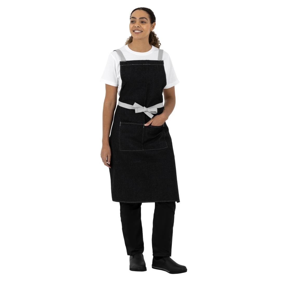 Southside X-Cross Back Bib Apron Denim Black with Grey Ties - BB057