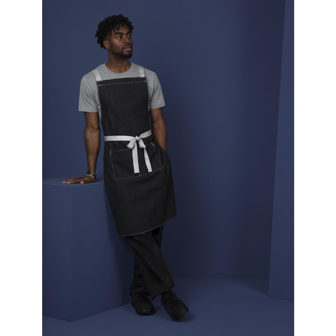 Southside X-Cross Back Bib Apron Denim Black with Grey Ties - BB057