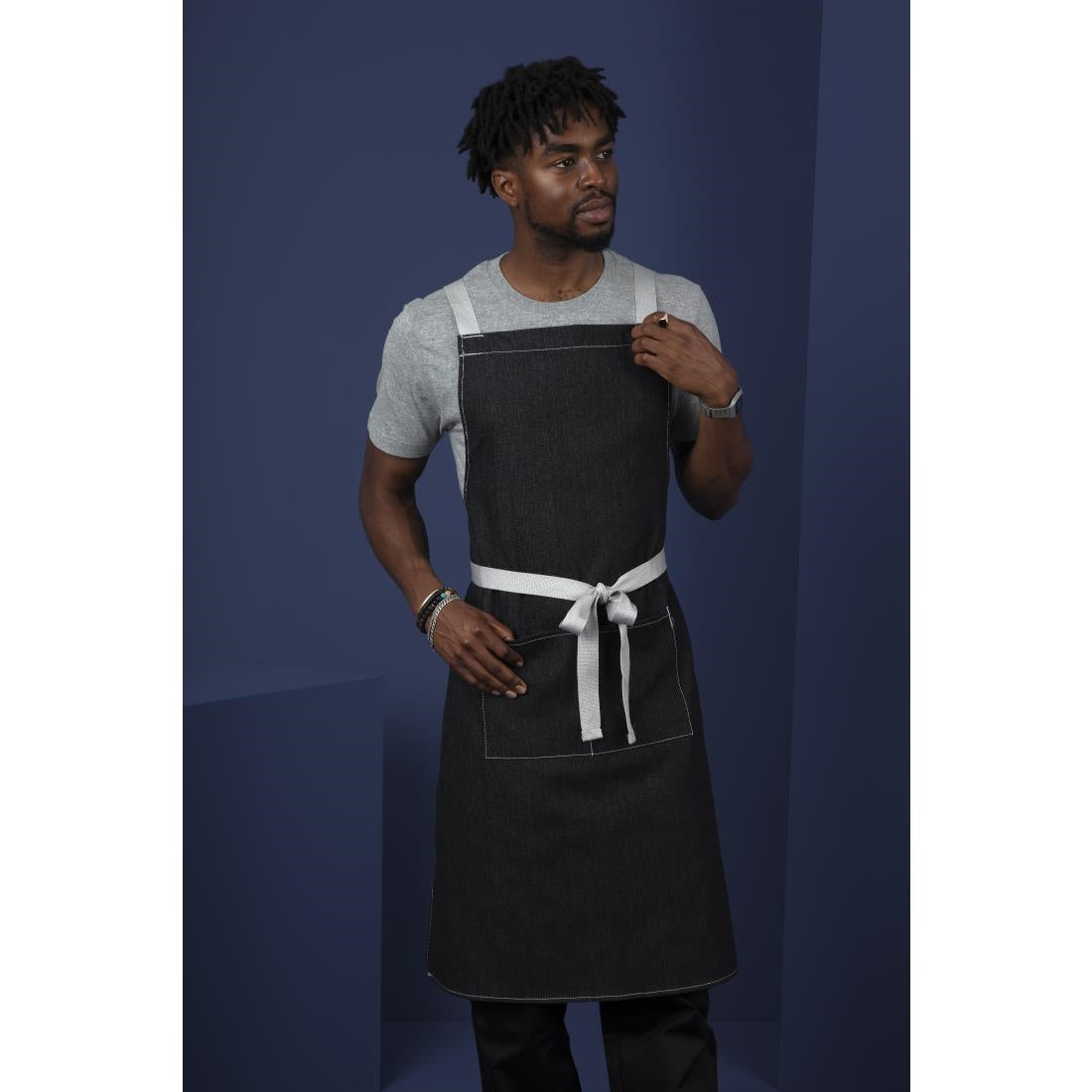 Southside X-Cross Back Bib Apron Denim Black with Grey Ties - BB057