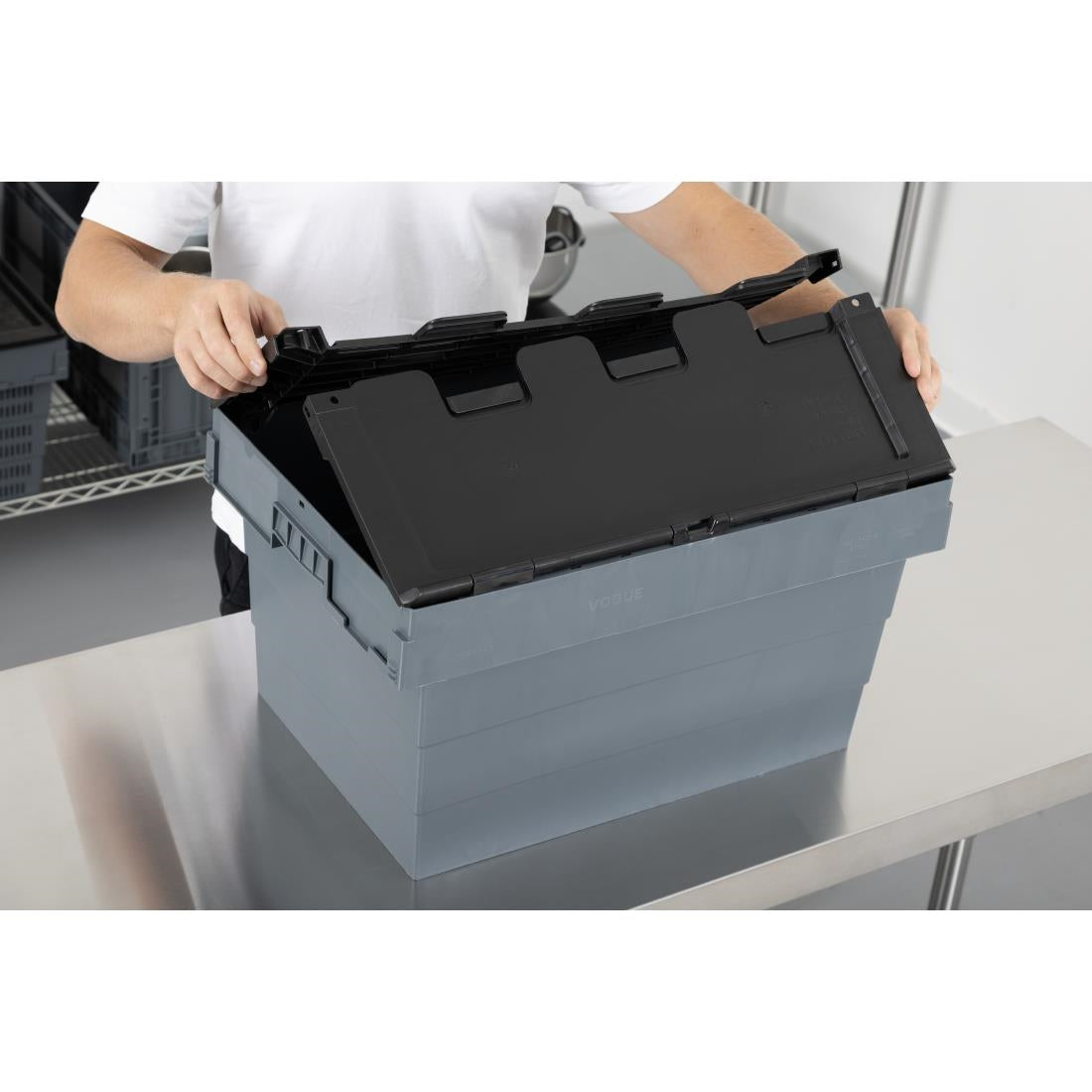 Vogue Plastic Transport Storage Crate with Attached Lid 600x400x320mm - DX995