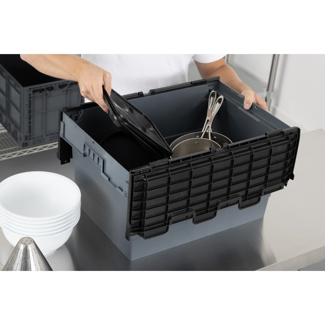Vogue Plastic Transport Storage Crate with Attached Lid 600x400x320mm - DX995