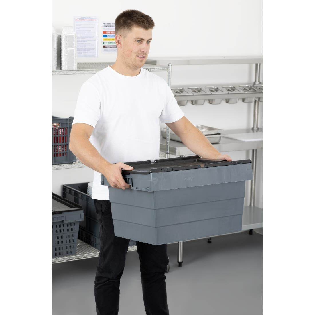 Vogue Plastic Transport Storage Crate with Attached Lid 600x400x320mm - DX995
