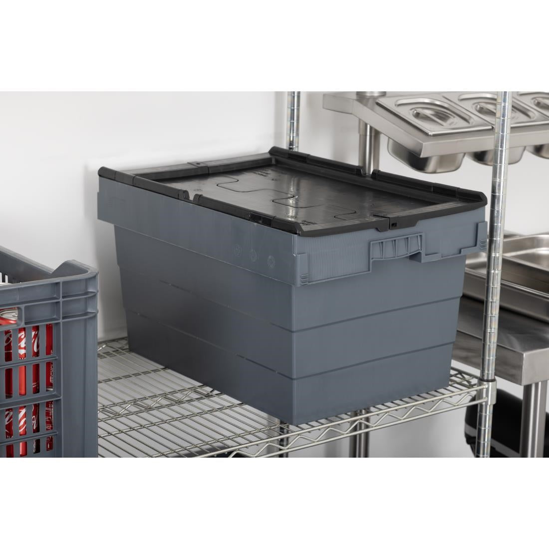 Vogue Plastic Transport Storage Crate with Attached Lid 600x400x320mm - DX995