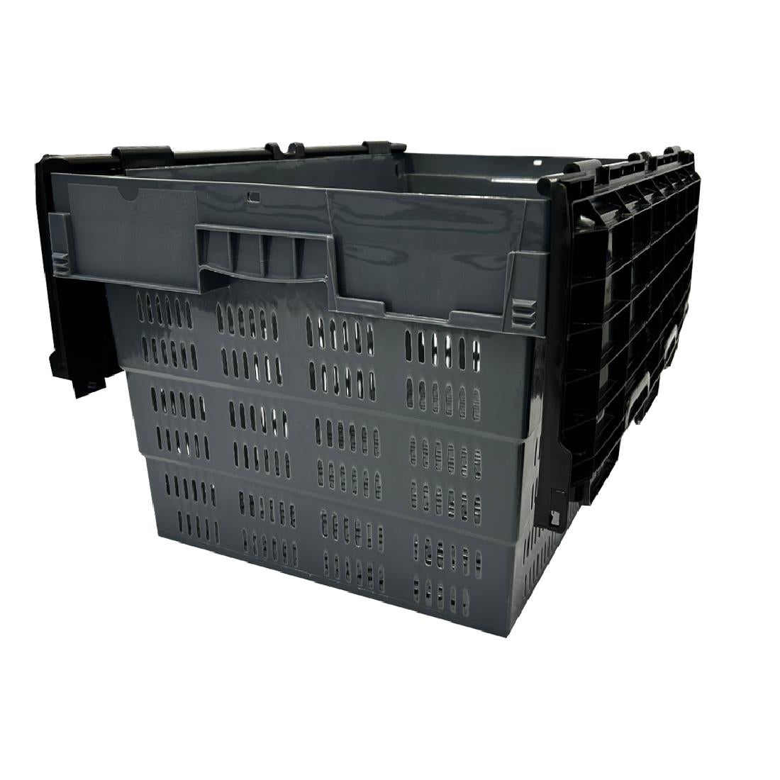Vogue Perforated Plastic Transport Storage Crate with Attached Lid 600x400x320mm - DX996