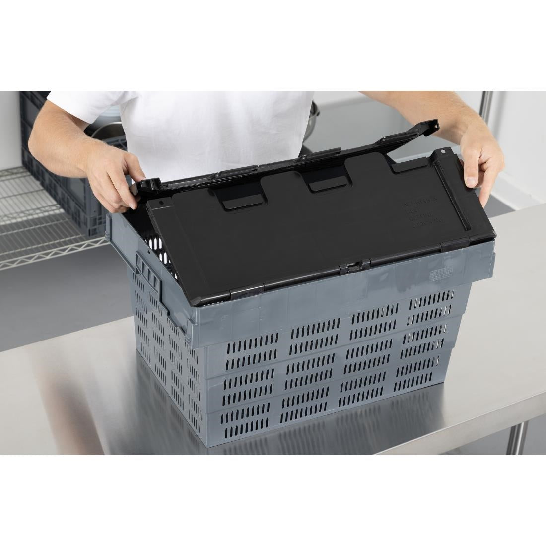 Vogue Perforated Plastic Transport Storage Crate with Attached Lid 600x400x320mm - DX996