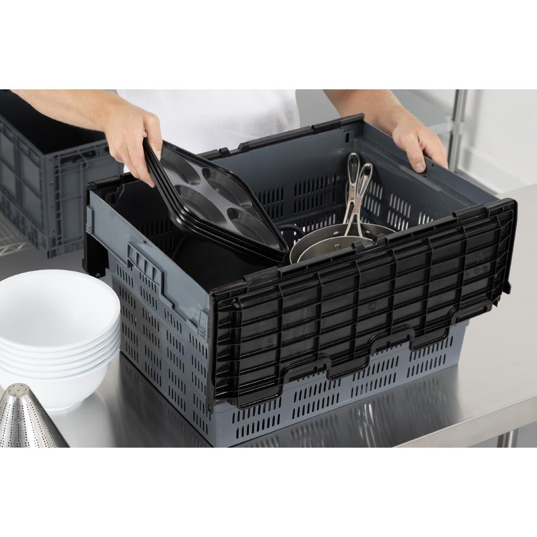 Vogue Perforated Plastic Transport Storage Crate with Attached Lid 600x400x320mm - DX996