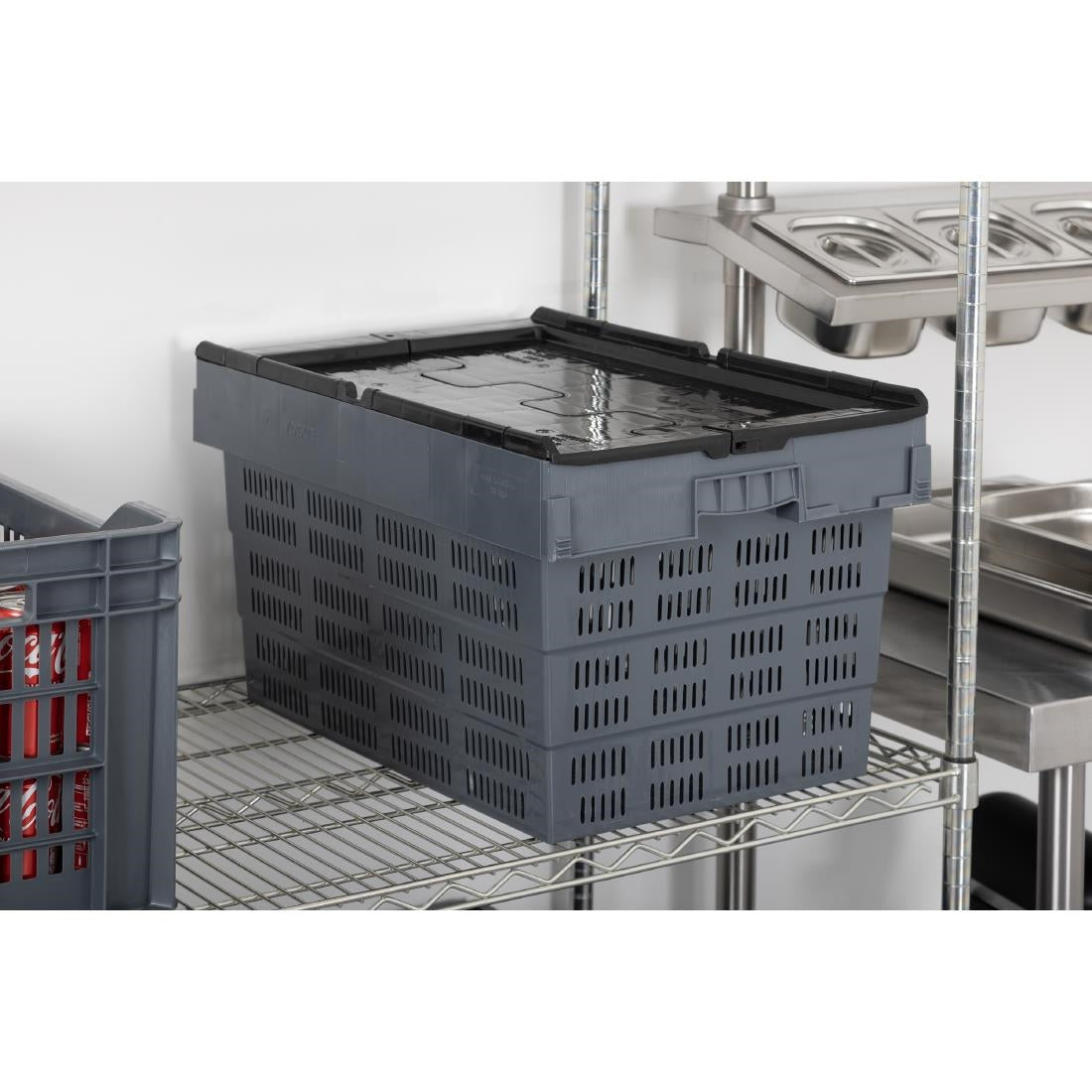 Vogue Perforated Plastic Transport Storage Crate with Attached Lid 600x400x320mm - DX996