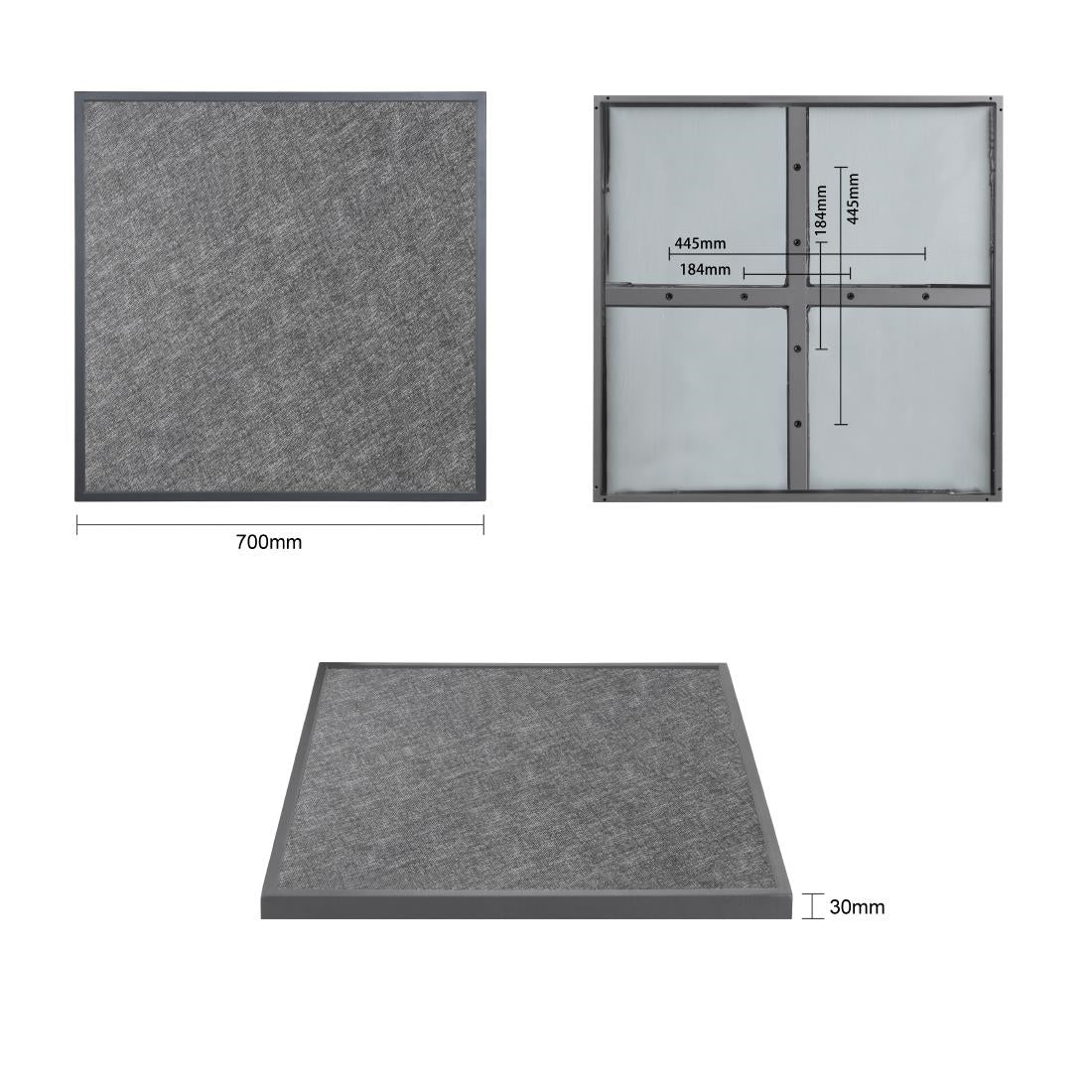 Bolero Black Brushed Mix Outdoor Tempered Glass Table Top Square Grey Trim 700mm - DZ873