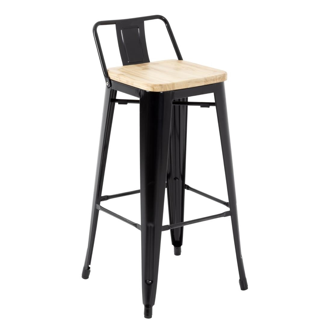 Bolero Bistro Metal High Bar Stool with Wooden Seat Pad and Back Rest Black (Pack of 4) - FB623