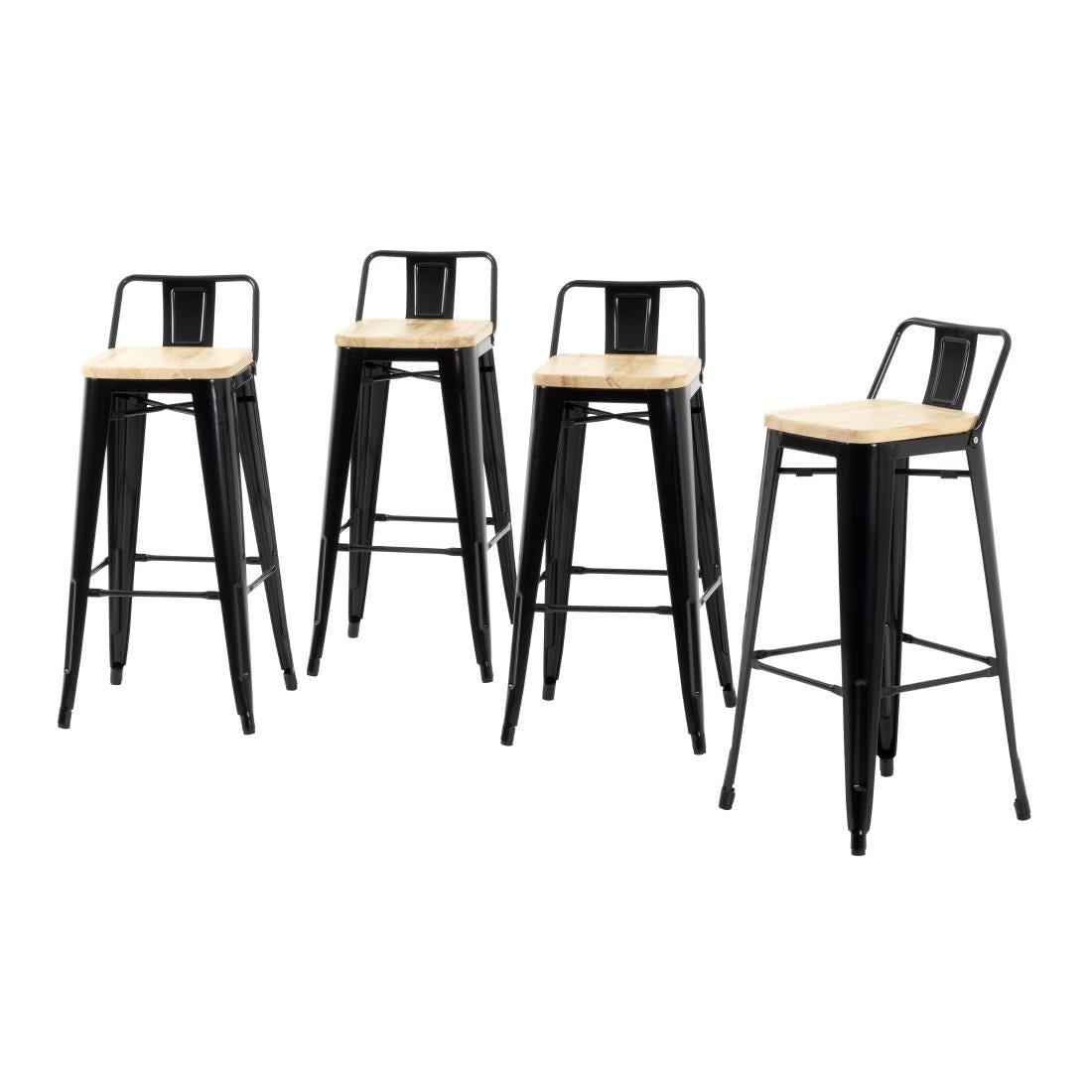 Bolero Bistro Metal High Bar Stool with Wooden Seat Pad and Back Rest Black (Pack of 4) - FB623
