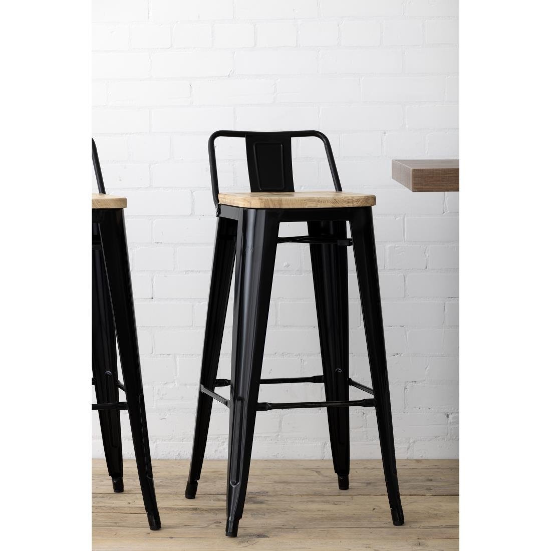 Bolero Bistro Metal High Bar Stool with Wooden Seat Pad and Back Rest Black (Pack of 4) - FB623