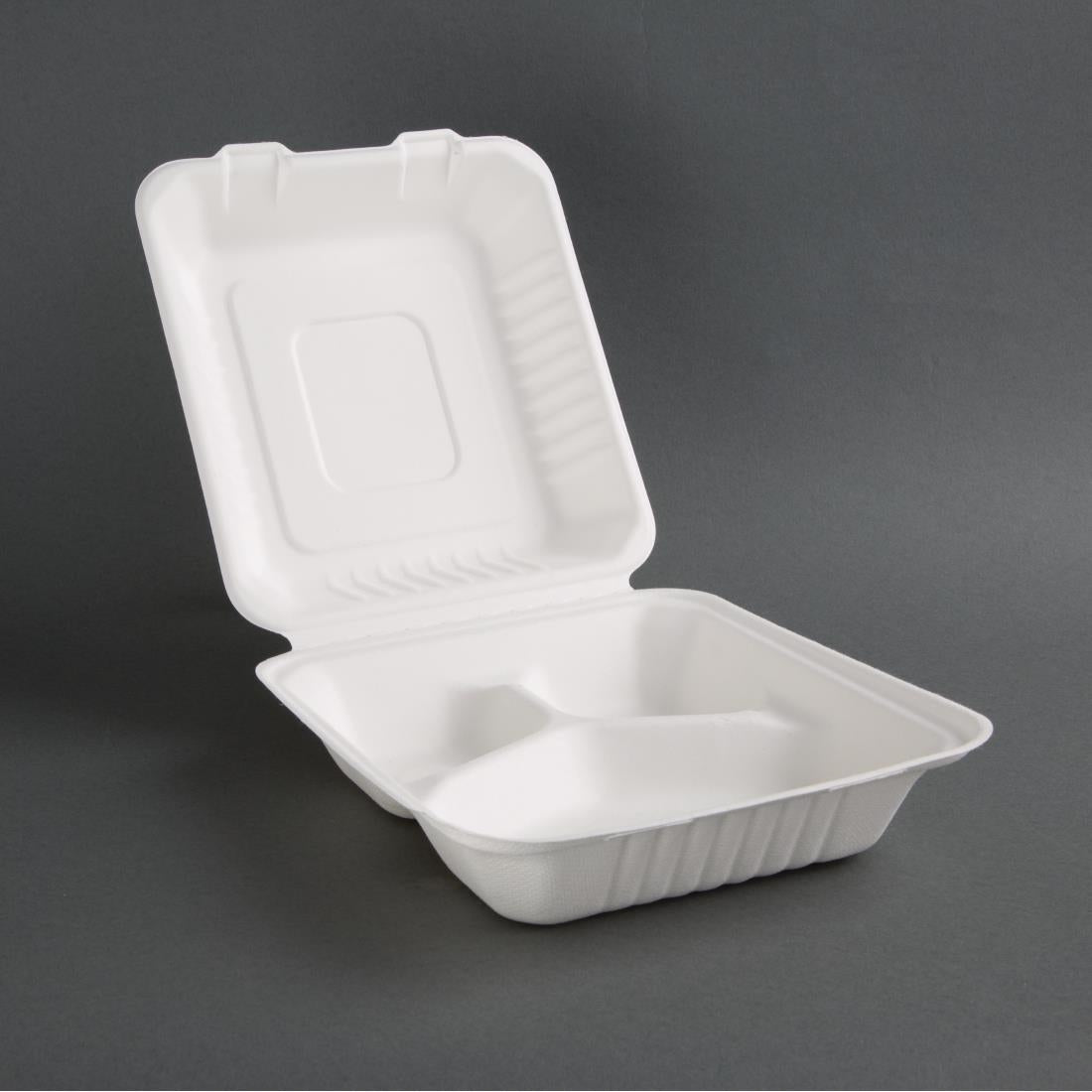 Fiesta Compostable Bagasse Hinged 3-Compartment Food Containers 201mm (Pack of 200) - FC526