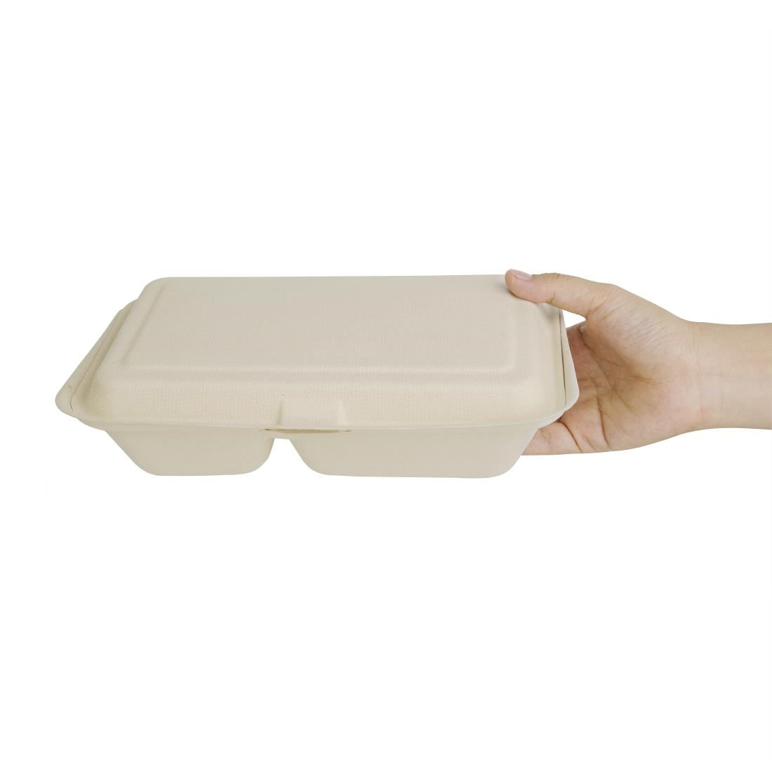 Fiesta Compostable Bagasse Two-Compartment Hinged Food Containers Natural Colour 253mm (Pack of 200) - FC541