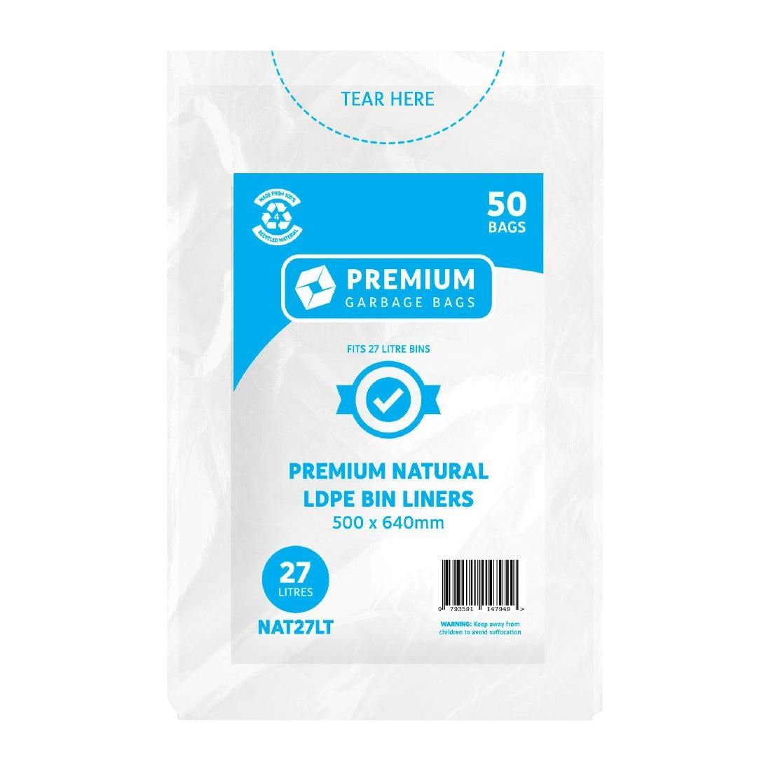 Jantex Kitchen Tidy Food Safe Garbage Bags Clear 27Ltr (Pack of 50) - FL883