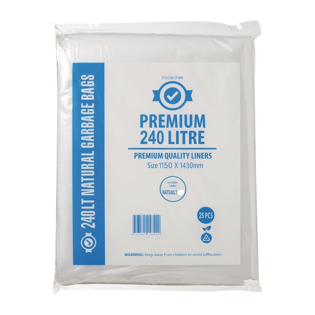 Jantex Premium Food Safe Garbage Bags Clear 240Ltr (Pack of 25) - FL887