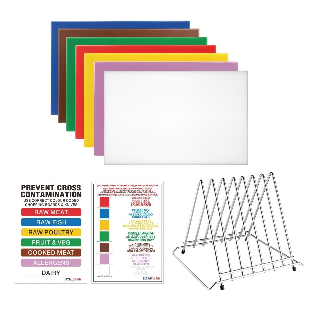 Hygiplas High Density Set of 7 Chopping Boards, Steel Rack & Wall Chart - 450x300x12mm - FY990