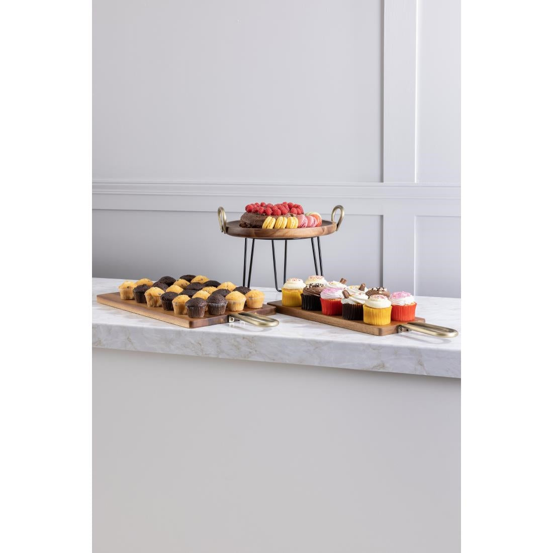 Olympia Round Dish Acacia Wood Metal Handles 345x305x80mm - HX388