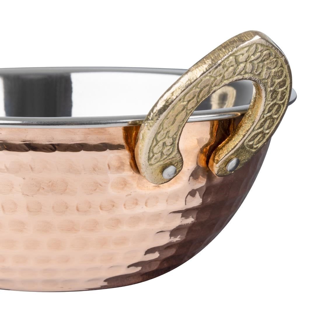 Olympia Copper Kadai Dish Stainless Steel Brass Handles 400ml - HY128