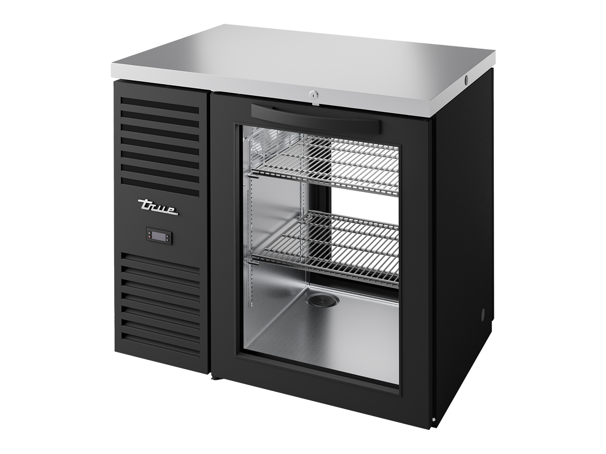 TRUE Pass-Thru Single Zone 1 Glass Swing Door Undercounter Refrigerator - Black - TBR36-PTSZ1-L-B-G-G-2