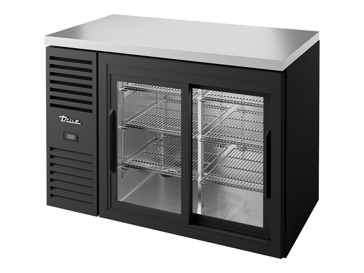 TRUE Reach-In Single Zone 2 Glass Sliding Door Undercounter Refrigerator 1200mm Width - Black - TBR48-RISZ1-L-B-11-2
