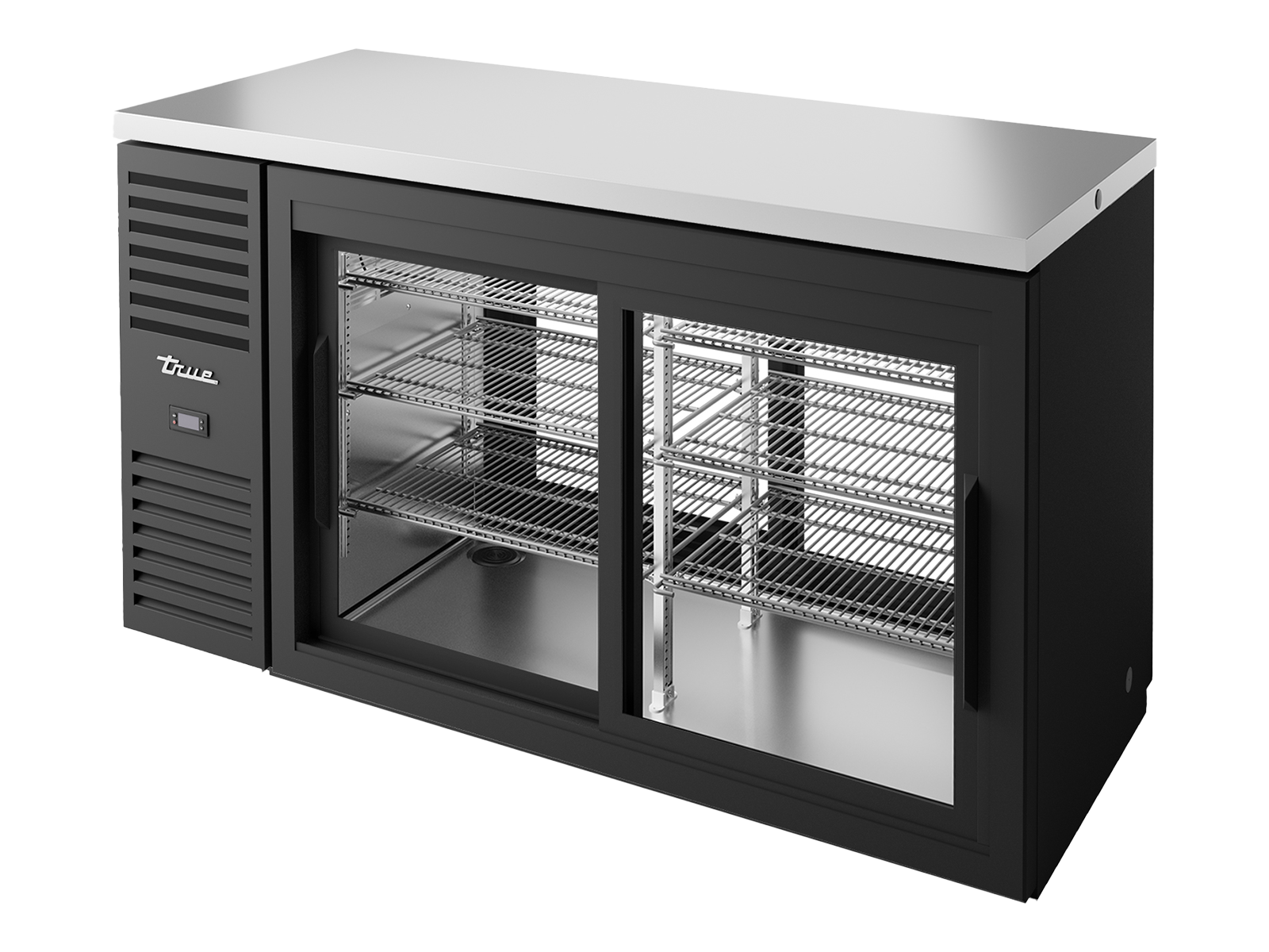 TRUE Pass-Thru Single Zone 1 Glass Sliding Door Undercounter Refrigerator - Black - TBR60-PTSZ1-L-B-11-11-2