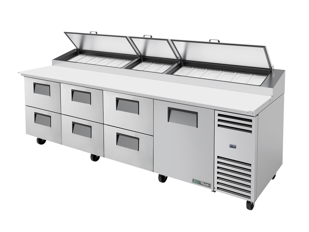 TRUE 1 Solid Door & 6 Drawer Pizza Prep Table with Angled Top - TPP-AT-119D-6-HC