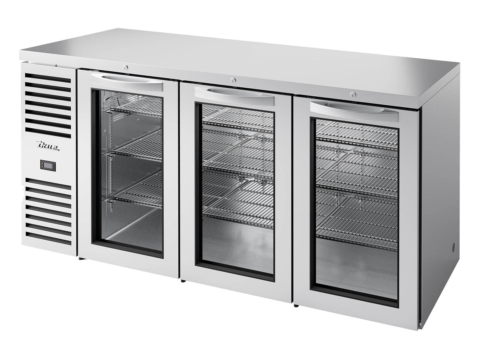 TRUE Reach-In Single Zone 3 Glass Swing Door Undercounter Refrigerator - Stainless - TBR72-RISZ1-L-S-GGG-2