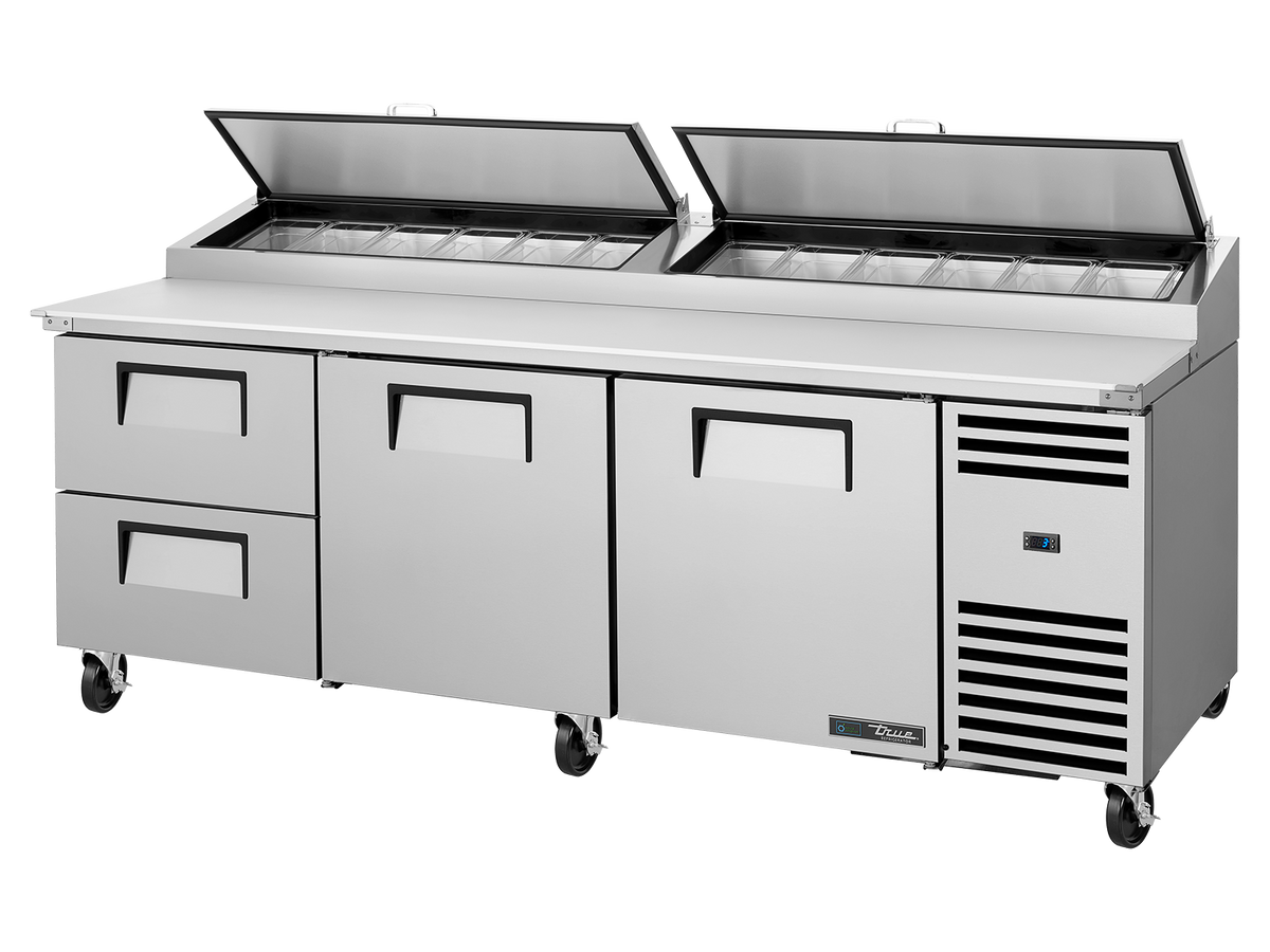 TRUE 2 Solid Door & 2 Drawer Pizza Prep Table with Angled Top - TPP-AT2-93D-2-HC
