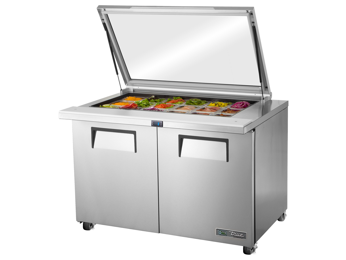 TRUE 1 Mega-Top Solid Door Sandwich/Salad Fridge with Flat Glass Lid - TSSU-48-18M-B-FGLID-HC