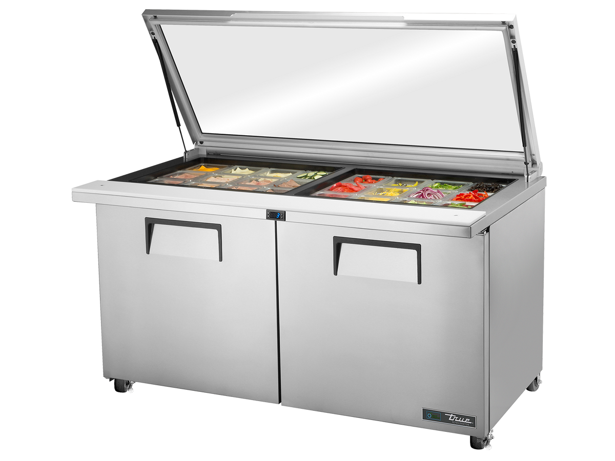 TRUE 2 Mega-Top Solid Door Sandwich/Salad Fridge with Flat Glass Lid - TSSU-60-24M-B-ST-FGLID-HC