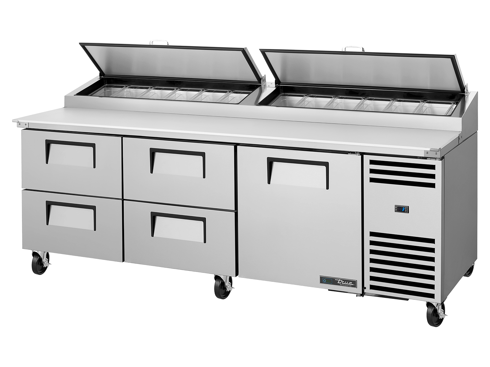 TRUE 1 Solid Door & 4 Drawer Pizza Prep Table with Angled Top - TPP-AT2-93D-4-HC