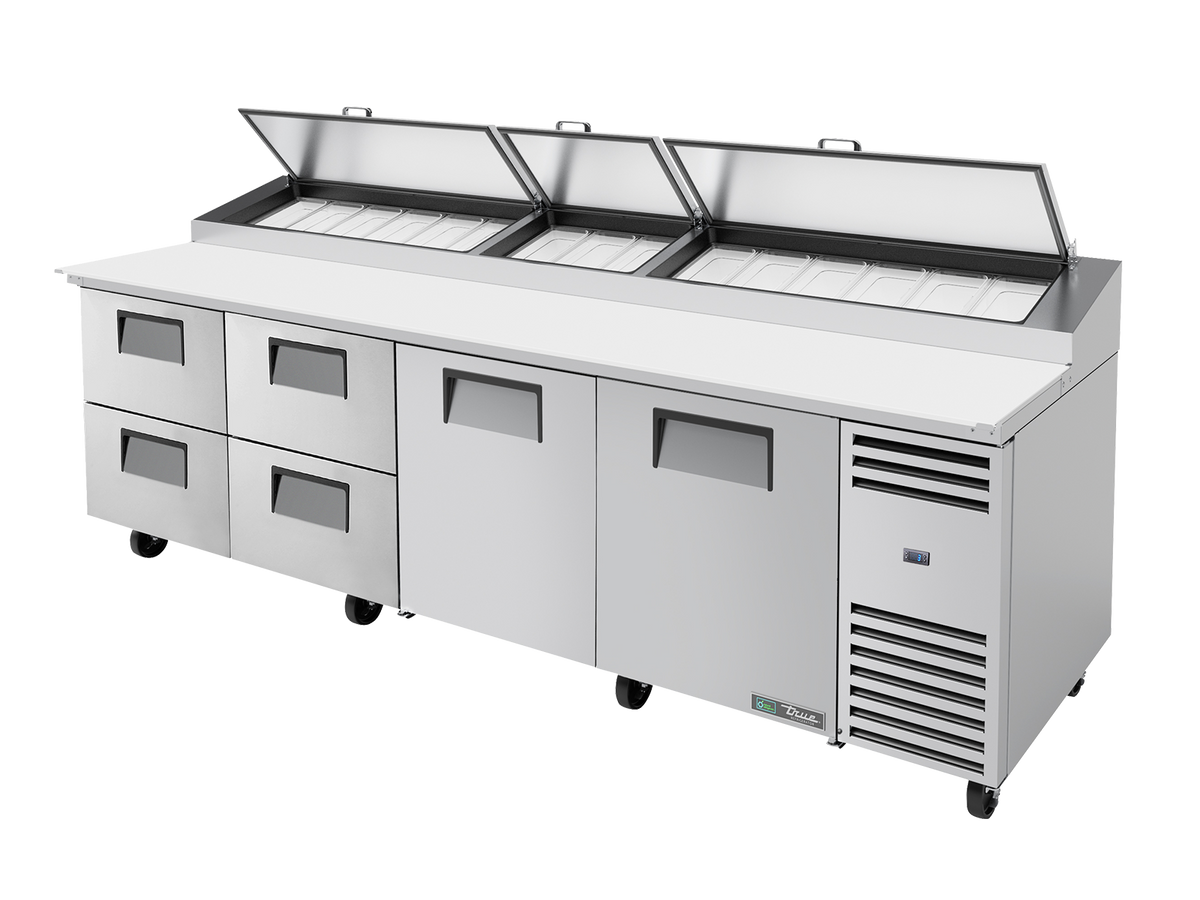 TRUE 2 Solid Door & 4 Drawer Pizza Prep Table with Angled Top - TPP-AT-119D-4-HC