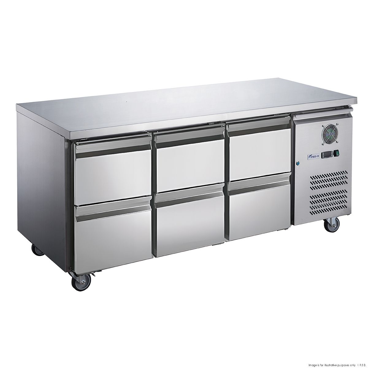 FED-X S/S Six-Door Bench Fridge With Drawers XUB7C18S3D